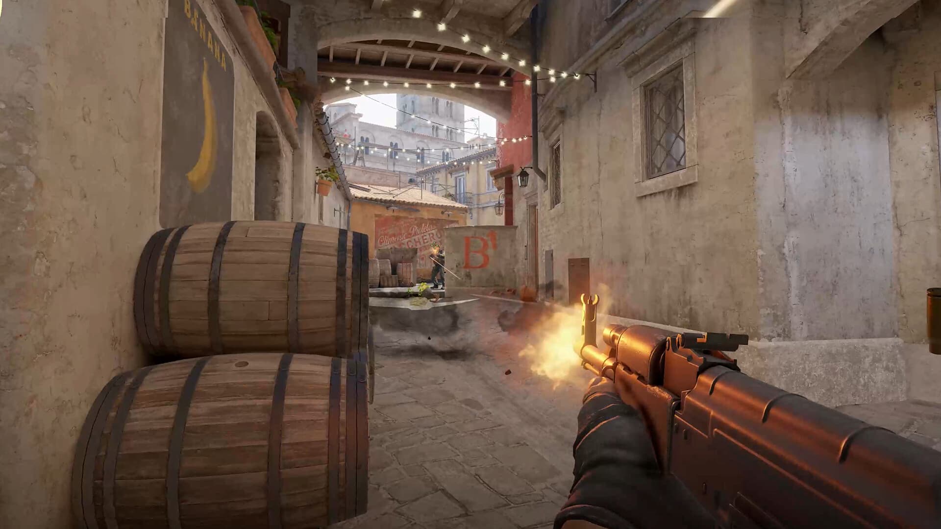 Two Counter-Strike 2 operatives face off in a tense standoff, weapons raised.