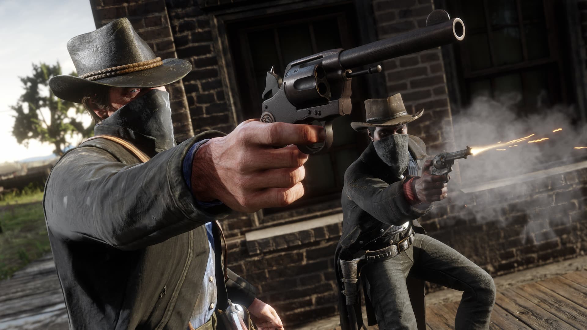 Two armed figures in hats and masks exchange gunfire at close range, their revolvers smoking in mid action.